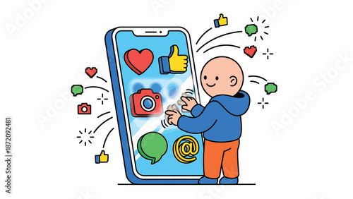 Smiling character engaging with social media on a large smartphone, depicting digital communication, likes, and online interaction