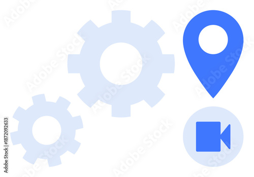 Workflow systems, navigation tools, video conferencing, process automation, technology setups, digital communication. Blue gear icons, video camera and location pin. Workflow systems and navigation