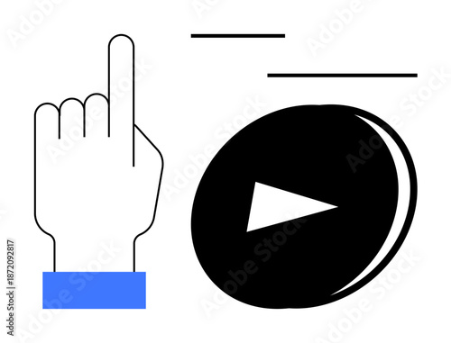 Media control, digital interaction, playback, user interface, minimalism, technology. A hand pointing with a play button. Media control and digital interaction are highlighted