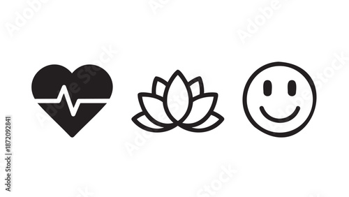Simple line art icons of love lotus and happy face symbols