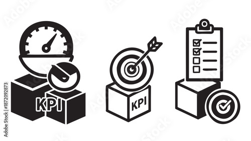 Three dimensional KPI icons representing business performance metrics