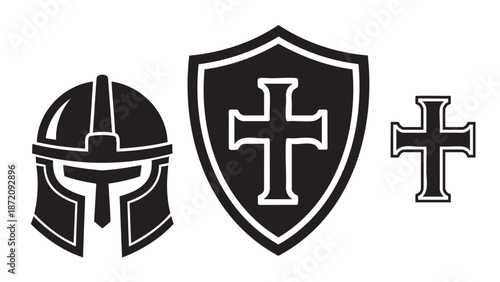 Vintage medieval knight helmet shield and cross symbols isolated on transparent