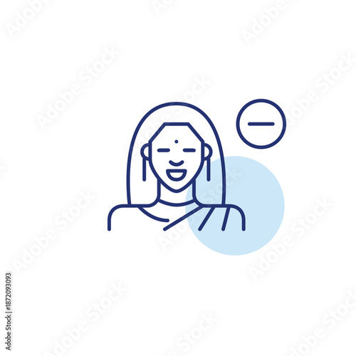 Indian woman and minus. Remove user, delete avatar. Reduce profile access. Pixel perfect, editable stroke vector icon