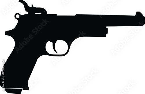 Isolated hand holding a black steel 9mm pistol handgun firearm trigger and barrel for police security and protection against crime danger