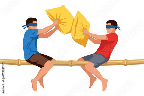 Flat vector illustration of a traditional Indonesian pillow fight game, where two participants sit on a bamboo pole and hit each other with pillows. The players are blindfolded, creating a fun and cha