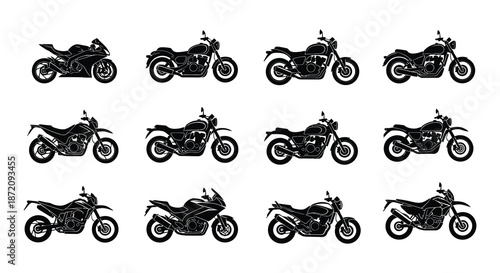 A collection of black silhouette motorcycles in various dynamic poses and styles