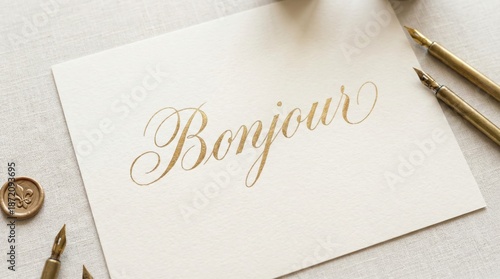 Bonjour Gold Calligraphy French Greeting Top View Luxury Style