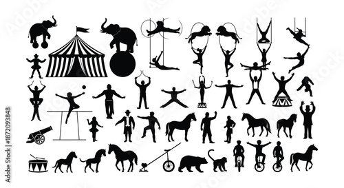 A collection of black silhouette figures depicting a classic circus scene