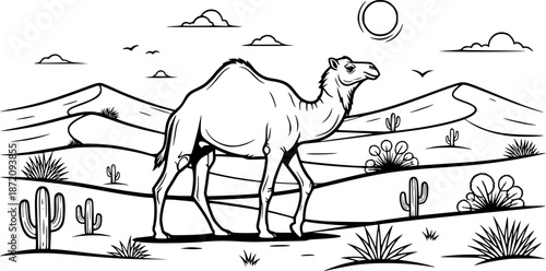 Camel Scenery Drawing – Black and White Vector Illustration, Camel in Desert Landscape, Sand Dunes, Sparse Vegetation, Arid Nature, Travel, Outline Sketch, Line Art, Editable Vector Desgin 
