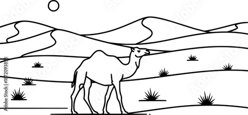 Camel Scenery Drawing – Black and White Vector Illustration, Camel in Desert Landscape, Sand Dunes, Sparse Vegetation, Arid Nature, Travel, Outline Sketch, Line Art, Editable Vector Desgin 