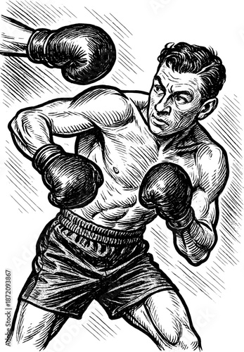 Vintage ink style illustration of a boxer dodging an attack, dynamic defensive retro sports vector