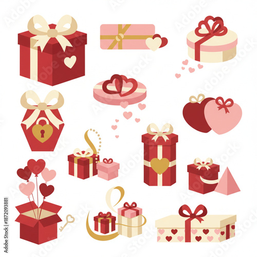 A charming collection of beautifully designed gift boxes, adorned with hearts, ribbons, and bows, symbolizing love, celebration, and thoughtful presents for romantic occasions