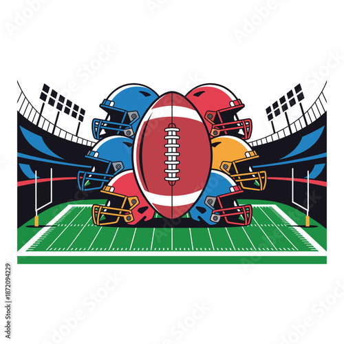 American football helmets and ball on field