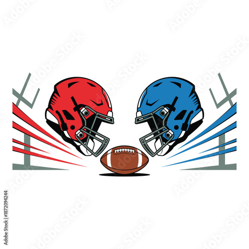 American football helmets facing each other with ball
