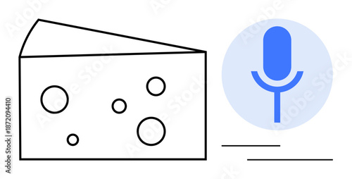 Food, podcasting, sound design, culinary branding, media, audio communication. A block of cheese with round holes next to a microphone icon. Food and podcasting concept