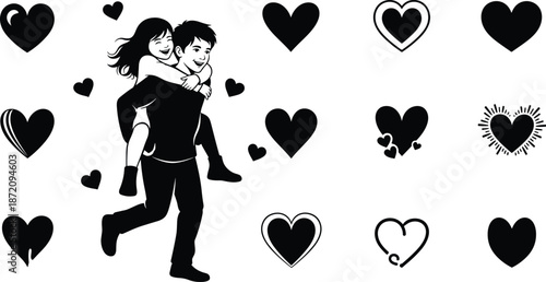Valentine Love Couple Black Silhouette A couple embracing surrounded by various heart shapes in a black and white