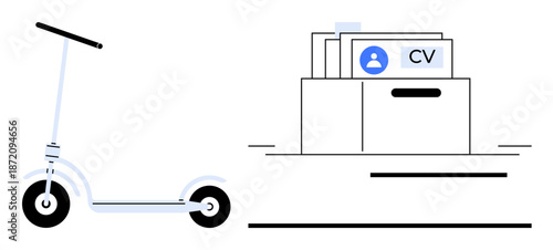 Transportation and job application management. A scooter eco-transportation and a desk with CV folders for career organization. Ideal for sustainable living and professional development