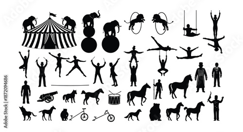 A collection of black silhouette figures depicting a classic circus scene