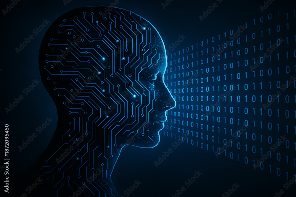 Obraz premium Futuristic Digital Human Profile with Circuit Patterns and Binary Code in Dark Background