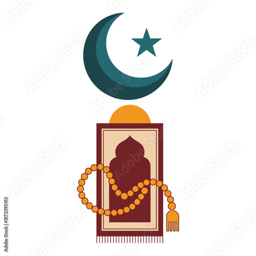 Islamic prayer mat with beads and crescent moon