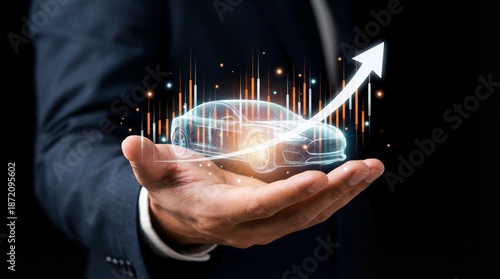Holographic car model floating above businessman palm with rising data graph and glowing analytics, futuristic automotive technology concept showing innovation and growth in mobility
