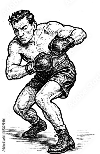Vintage ink style illustration of a boxer dodging an attack, dynamic defensive retro sports vector