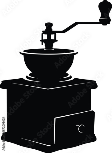 An antique vintage coffee grinder mill made of old brown wood and black metal with a handle is isolated on a white background for cafe aroma