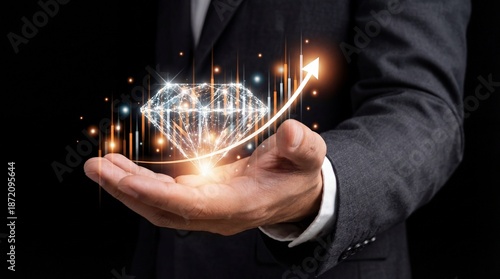 Shining diamond hologram resting above open palm with upward arrow and glowing data bars, symbolizing value growth and success in business and investment