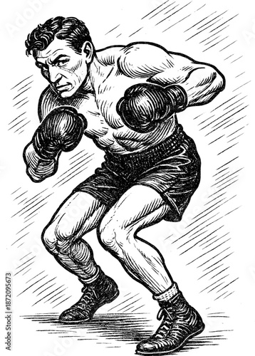 Vintage ink style illustration of a boxer dodging an attack, dynamic defensive retro sports vector