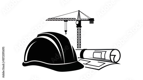 Construction hard hat and blueprints with crane in background