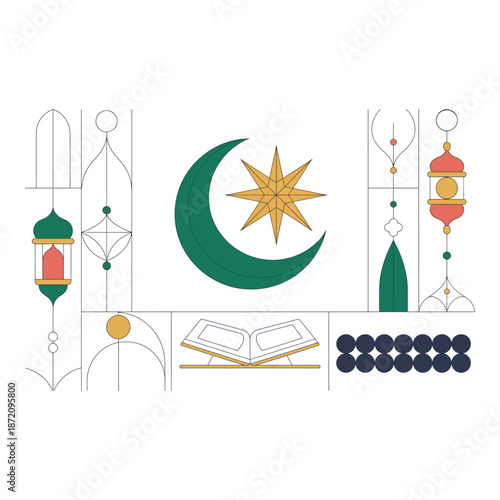 Ramadan kareem greeting card with islamic symbols and elements