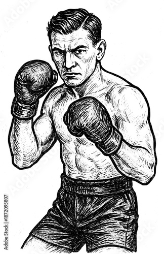 Vintage ink style illustration of a boxer in guard stance with fists raised, focused retro sports vector