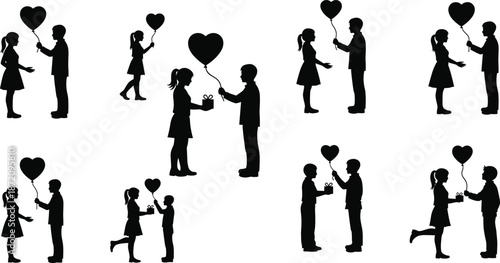 Valentine Love Couple Black Silhouette Black silhouette of couples exchanging heart-shaped balloons and gifts in various poses