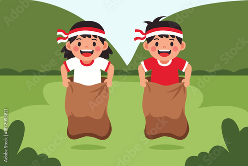 Flat vector illustration of a traditional sack race competition during Indonesian Independence Day celebration. Two happy children participating in a fun outdoor race, wearing red and white headbands 