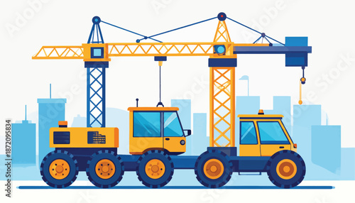 Construction vehicles and cranes in modern cityscape