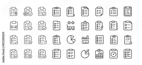 Business Checklist, Data Report, and Analytics Line Icon Set