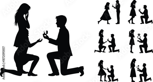 Valentine Love Couple Black Silhouette Black silhouette of couples during marriage proposals with rings and emotional reactions