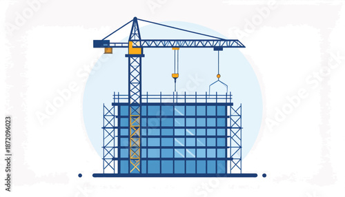 Construction crane building modern high-rise with scaffolding