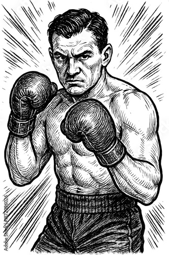 Vintage ink style illustration of a boxer in guard stance with fists raised, focused retro sports vector