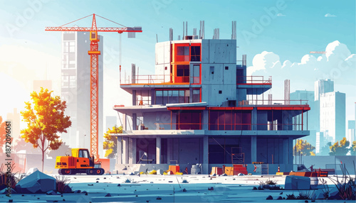 Modern building under construction with crane and cityscape