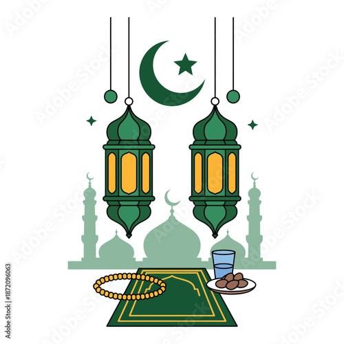 Ramadan kareem islamic background with prayer mat and lanterns