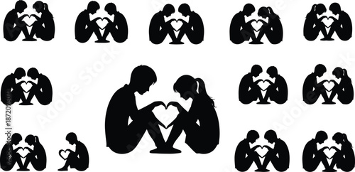 Valentine Love Couple Black Silhouette Black silhouette of couples sitting together forming hearts with their arms on a white background