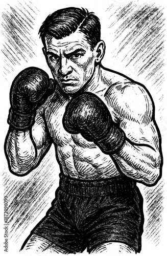 Vintage ink style illustration of a boxer in guard stance with fists raised, focused retro sports vector