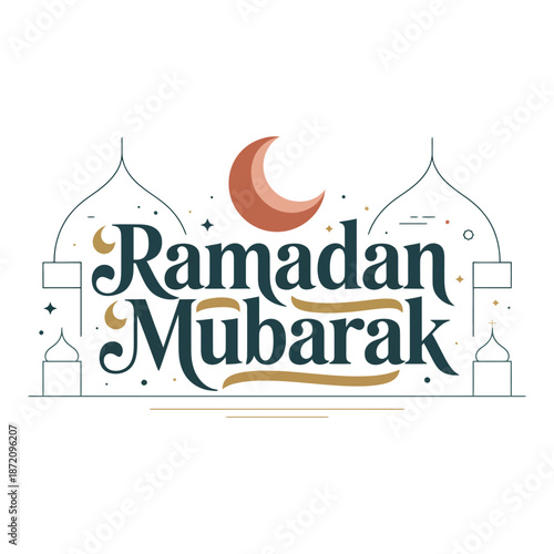 Ramadan mubarak greeting card with mosque and crescent moon