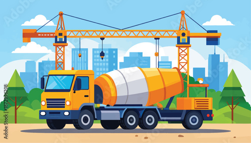 Vibrant construction scene with cement mixer truck on city site
