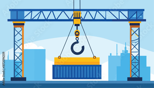Construction crane lifting container in modern cityscape