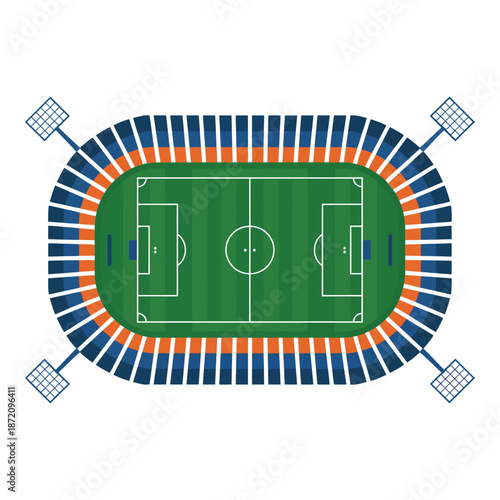 Top view of a football stadium with green field and seating arrangement