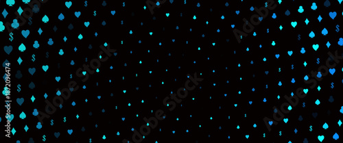 Dark Blue, Green vector layout with elements of cards. Colorful gradient with signs of hearts, spades, clubs, diamonds. Design for ad, poster, banner of gambling websites.