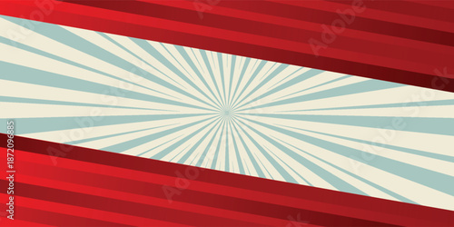 Sunlight retro horizontal background. Pale blue and beige color burst background. Fantasy Vector illustration. Magic Sun beam ray pattern background. Old paper starburst. Circus poster or placard