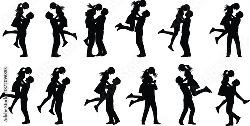 Valentine Love Couple Black Silhouette Black Silhouettes of Couples Dancing in Various Romantic Poses on White Background